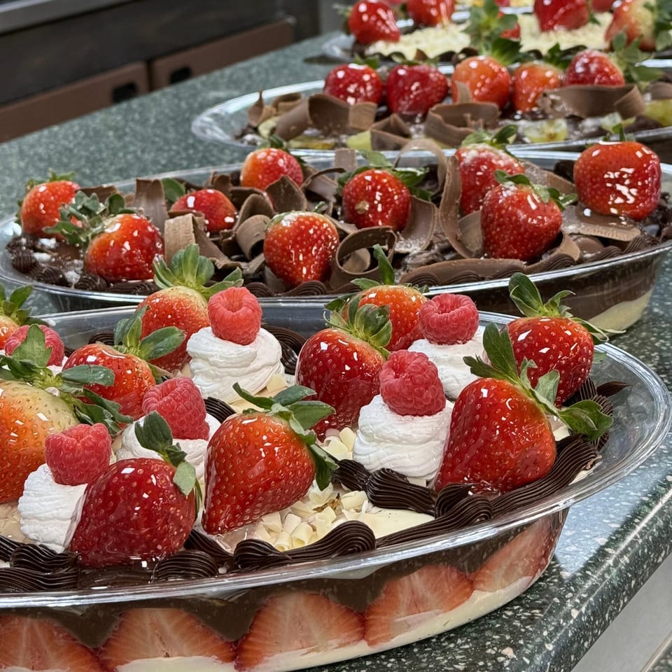 Brazilian desserts with strawberries, raspberries, chocolate shavings, and whipped cream in clear containers.
