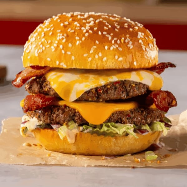 Double bacon cheeseburger with lettuce, sauce, and sesame seed bun on a brown paper.
