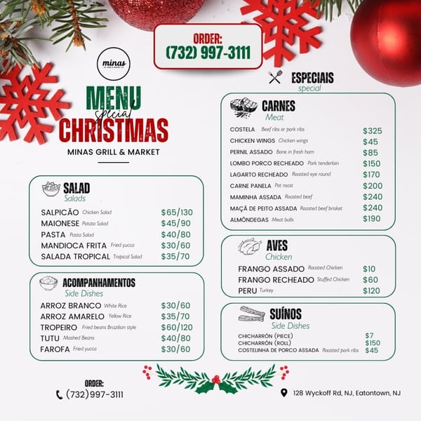 Minas Grill & Market Christmas menu, featuring Brazilian meat, chicken, salads, and side dishes.