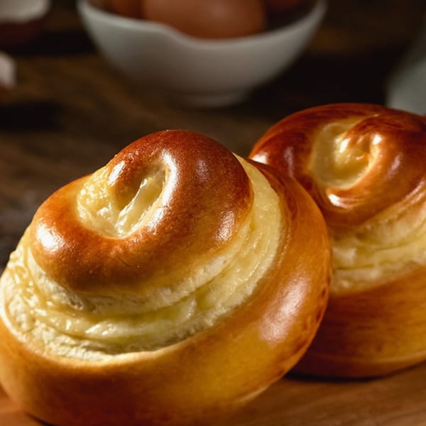 Two golden-brown Brazilian sweet rolls, likely Pão Doce, with a creamy filling, on a wooden surface.